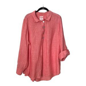 Sigrid Olsen Top Womens Size 1X Pink 100% Linen Lagenlook Long Roll Tab Sleeves